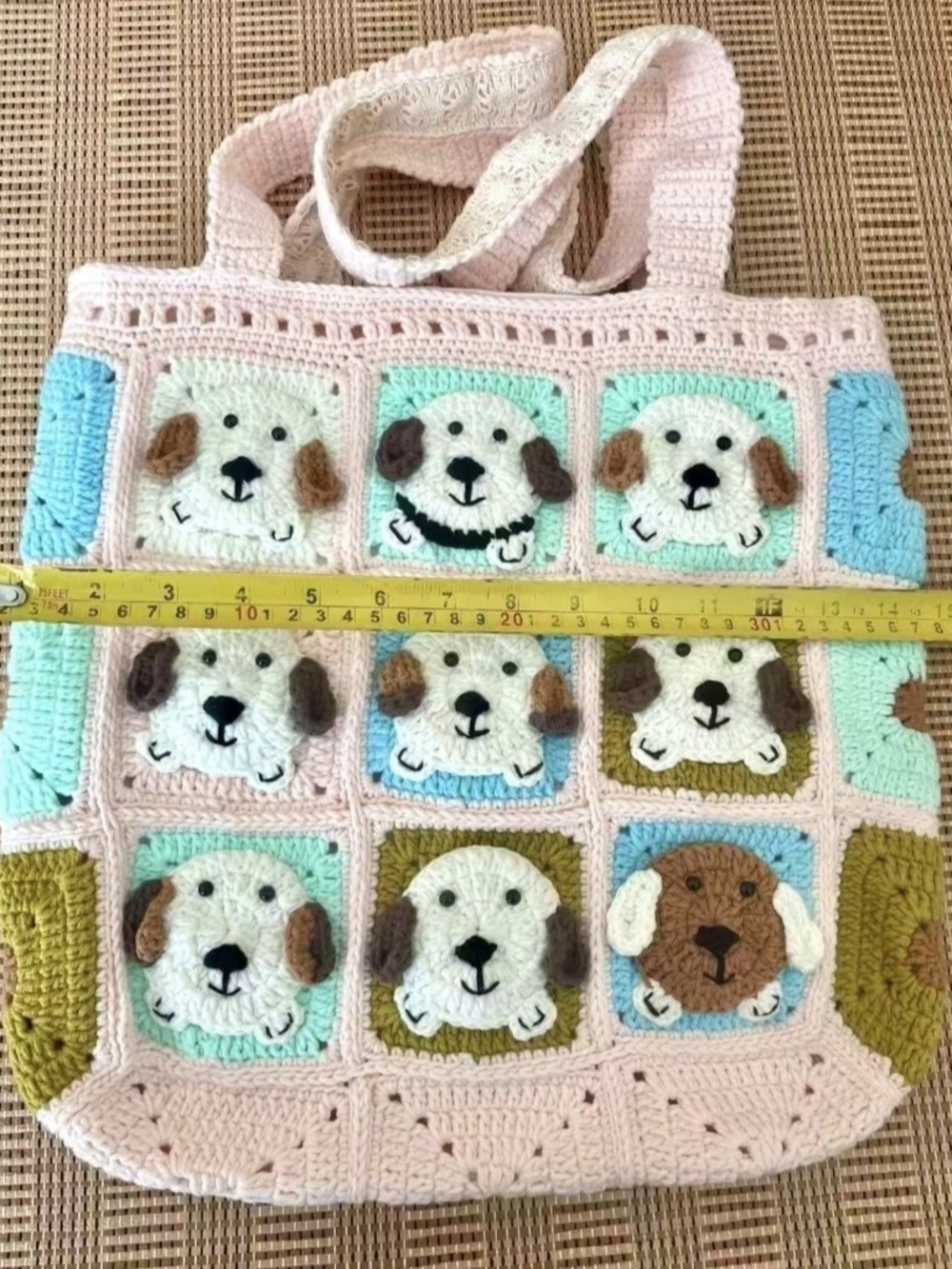 Handmade Cream and Pastel Dog Crochet Tote Bag, cottagecore Shoulder bag - Picture 3 of 5